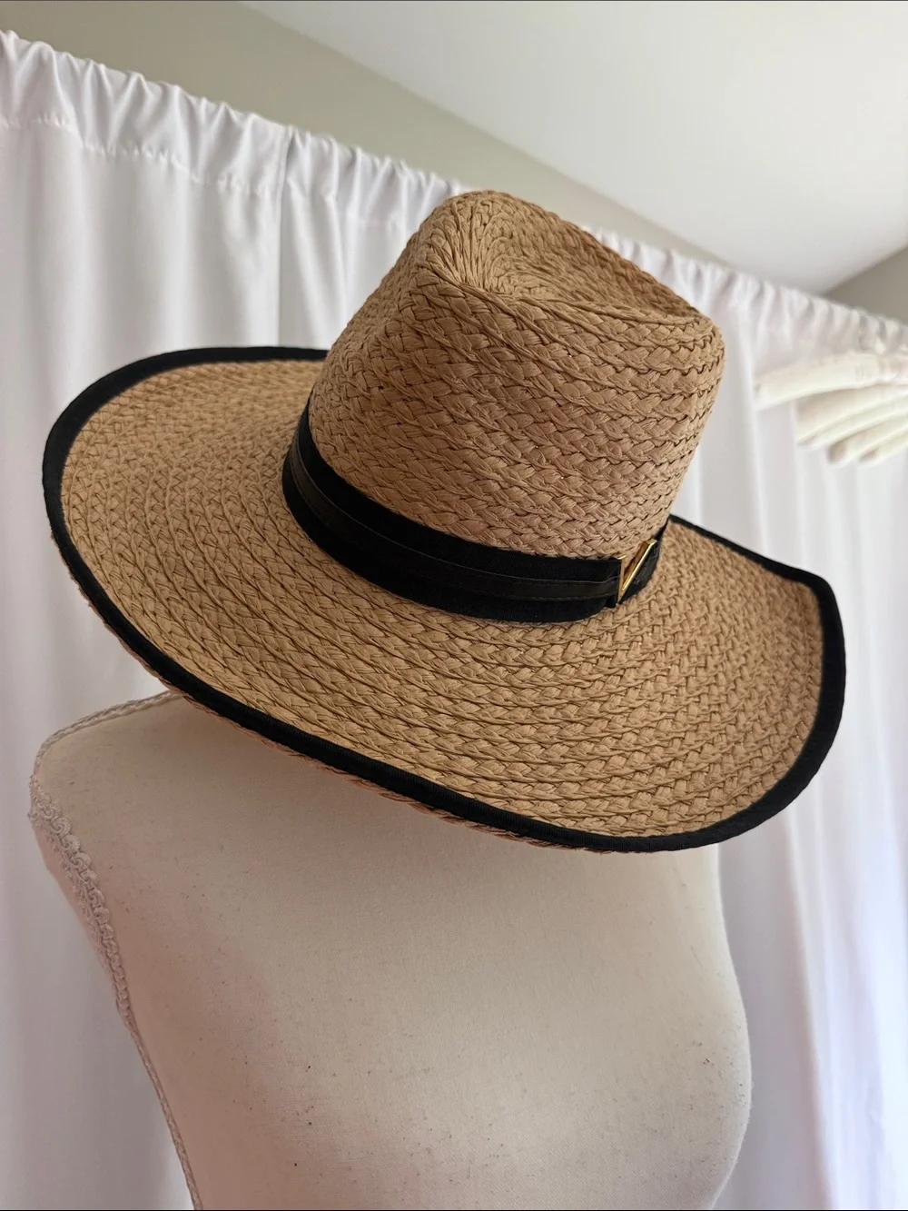 Vince Camuto Tan Straw Fedora with Black Trim